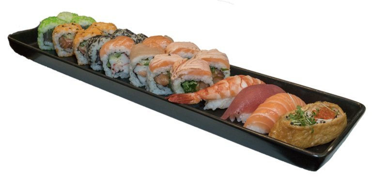 Eksempel på 20 stk. sushi - bredt udvalg på sort fad